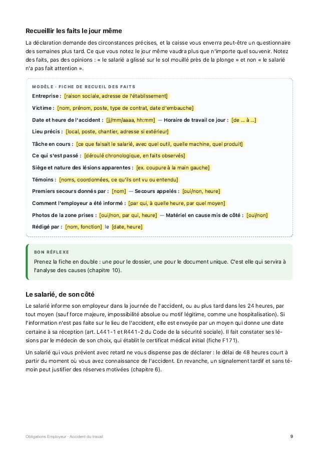Page 9 · Les premières heures : secourir, protéger, garder la trace du guide « Accident du travail »