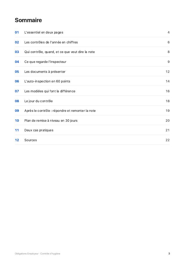 Le sommaire du guide « Contrôle d'hygiène »