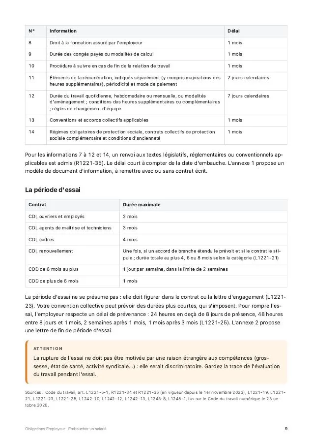 Page 9 · Le contrat : CDI ou CDD, période d'essai, information écrite du guide « Embaucher un salarié »
