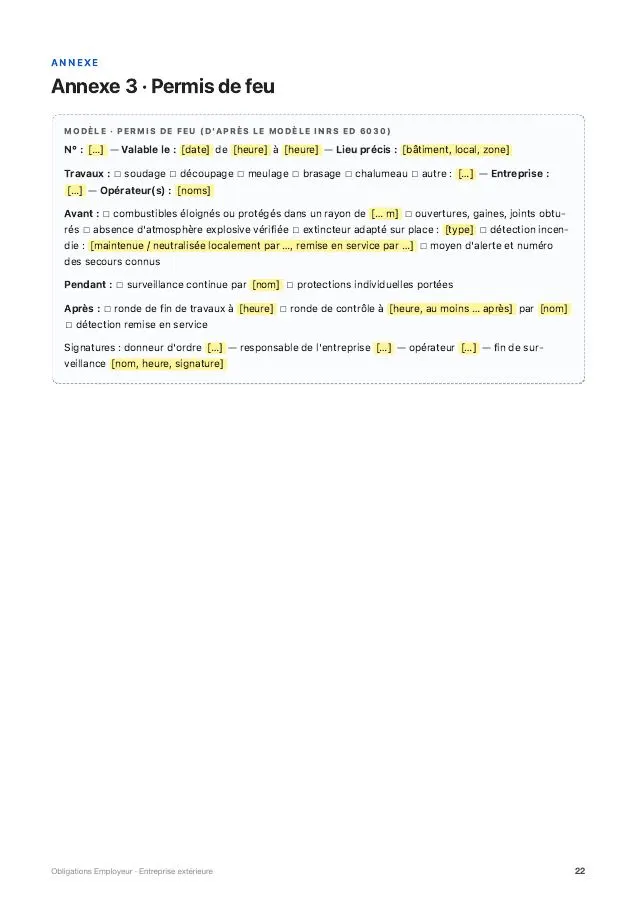 Page 22 · Annexe 3 · Permis de feu du guide « Entreprise extérieure »