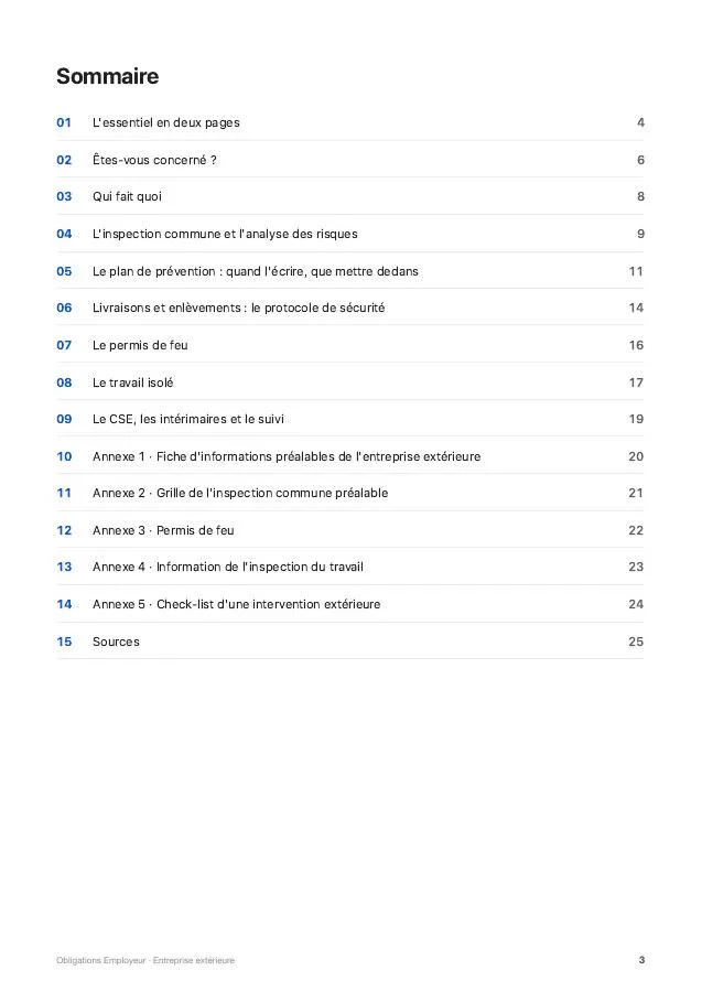 Le sommaire du guide « Entreprise extérieure »
